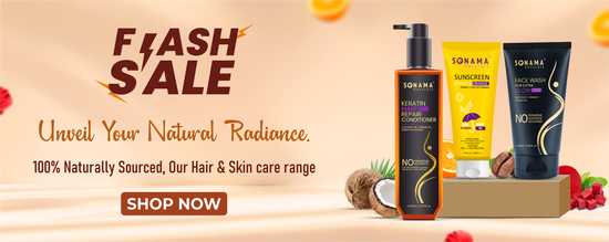 Promotional banner for a hair and skin care range with Sonama products on a beige background.