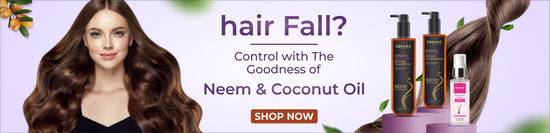 Advertisement for hair care products with a woman's hair and Neem and Coconut Oil products on a purple background.