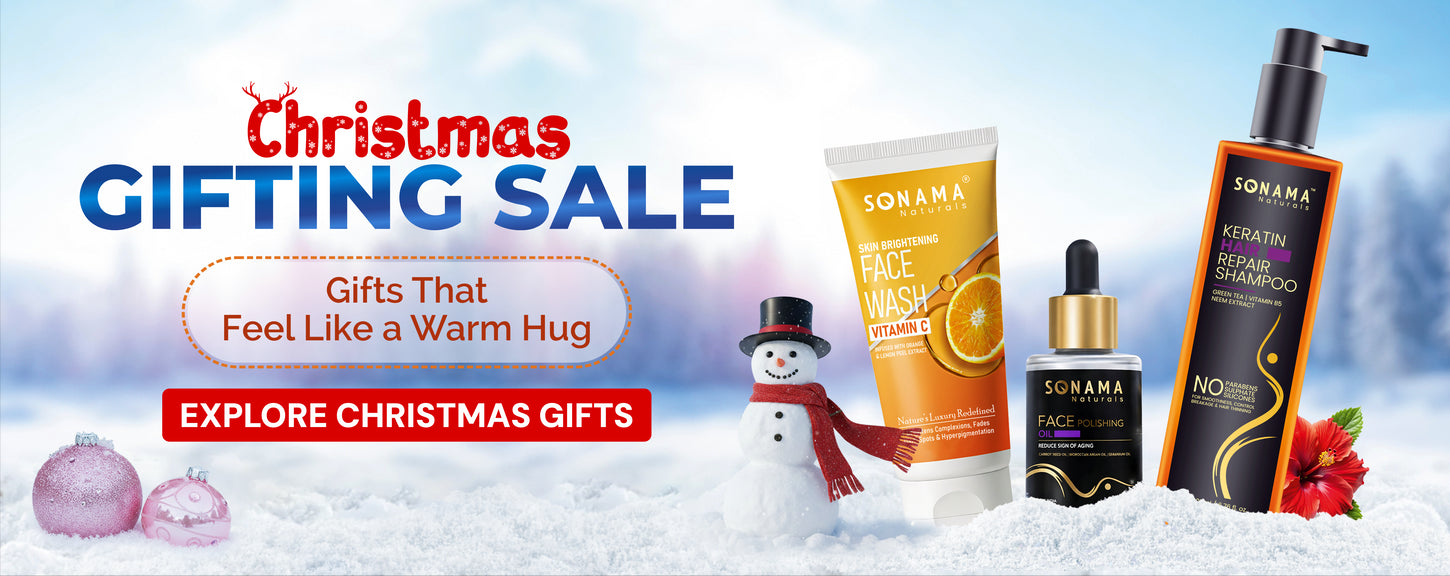Natural skincare and haircare products on a last-minute Christmas sale collection