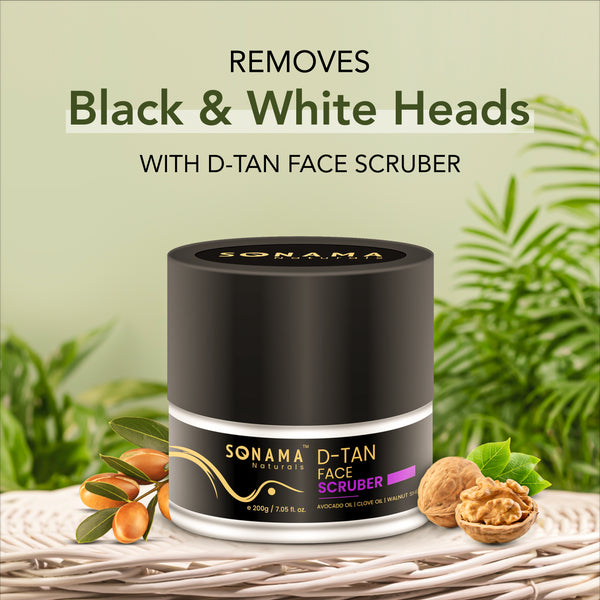 Sonama D-Tan Face Scruber with natural ingredients on a green background