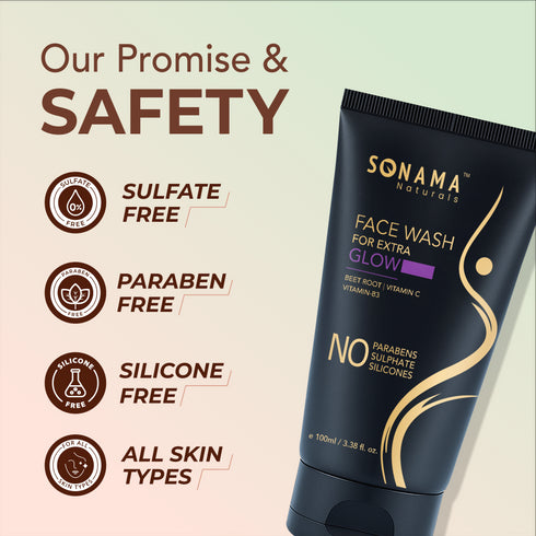 Sonama Naturals face wash tube with safety and promise information on a light green and beige background