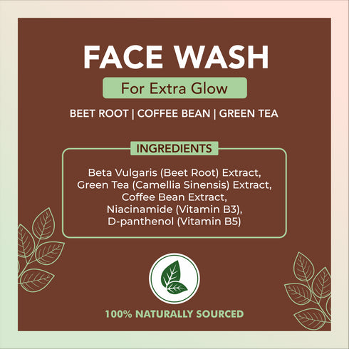 Face wash product label with ingredients on a brown background