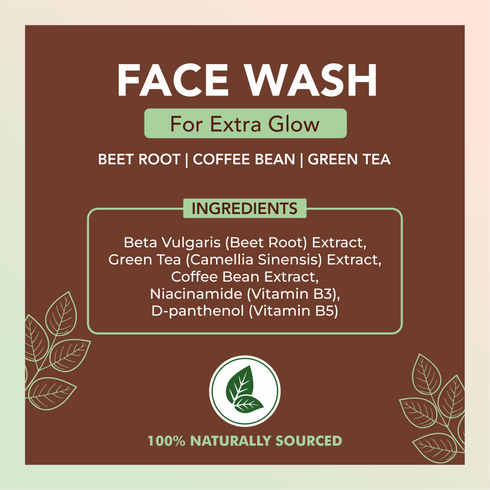 Face wash product label with ingredients on a brown background