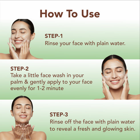 Step-by-step guide on how to use face wash with a woman rinsing her face.