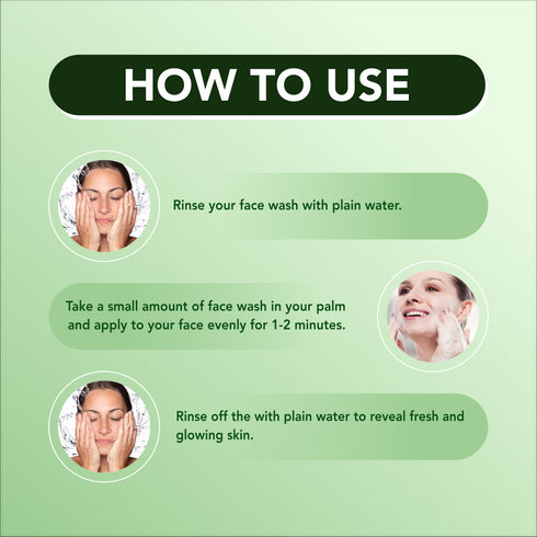Instructions on how to use face wash with a green background