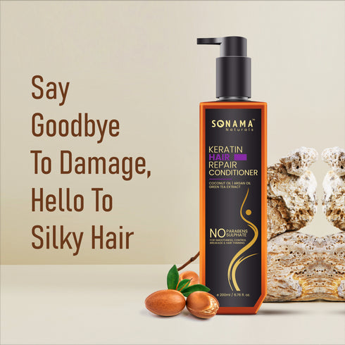 Sonama Naturals Keratin Hair Repair Conditioner bottle with text on a beige background