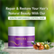 Keratin hair damage control mask jar with ingredients on a wooden surface and green blurred background
