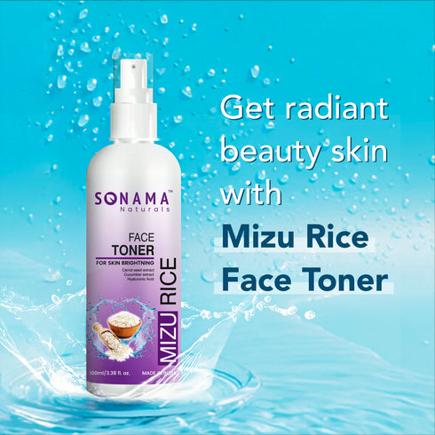 SONAMA Mizu Rice Face Toner bottle with water droplets on a blue background