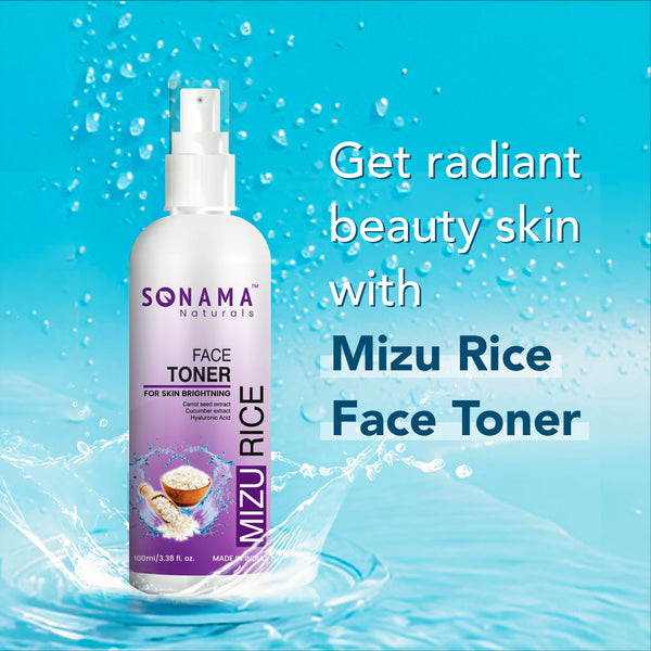 SONAMA Mizu Rice Face Toner bottle with water droplets on a blue background