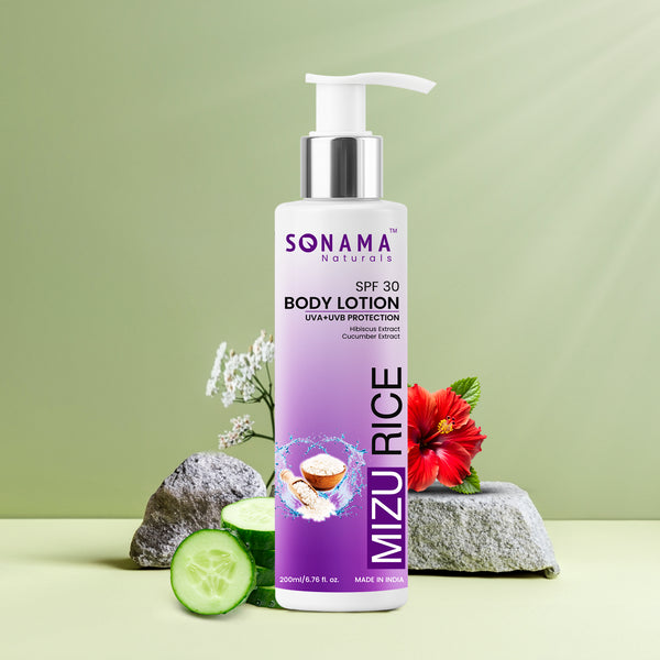 Sonama Naturals Mizu Rice SPF 30 body lotion bottle with natural elements on a light green background