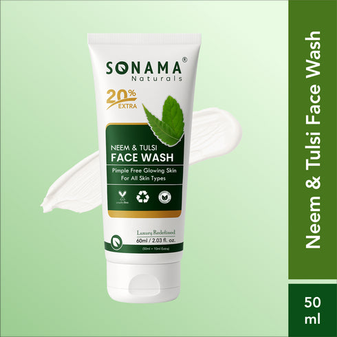 SONAMA Naturals Neem & Tulsi Face Wash tube on a light green background