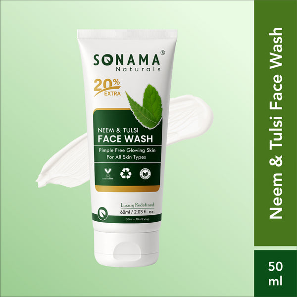 SONAMA Naturals Neem & Tulsi Face Wash tube on a light green background