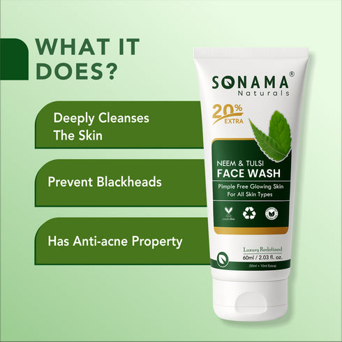 SONAMA Naturals Neem & Tulsi Face Wash tube with product benefits on a green background