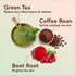 Green tea, coffee bean, and beet root with their respective benefits on a light green background.