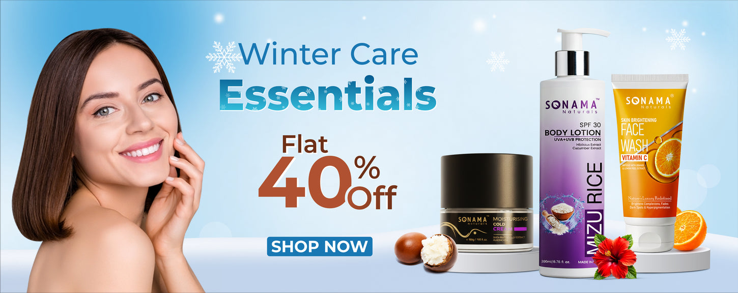 Sonama winter care essentials with a woman, products, and a discount offer.
