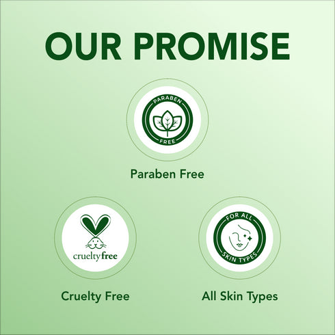 Promotional graphic with 'Our Promise' text and icons for paraben-free, cruelty-free, and all skin types on a green background.