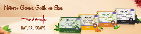 Collection of Sonama handmade natural soaps on a beige background with branding and product names.