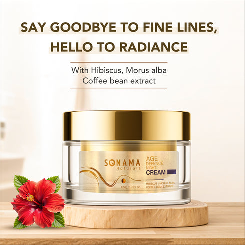 Sonama Anti-Ageing Cream jar with hibiscus flower on a wooden surface