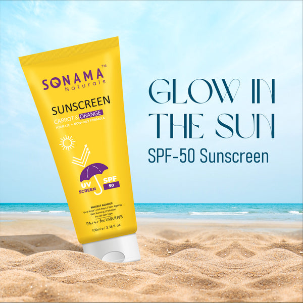 Sonama Naturals sunscreen tube with beach background