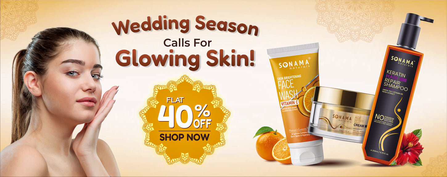 Promotional banner for Sonama skincare products with a woman, text, and product display.