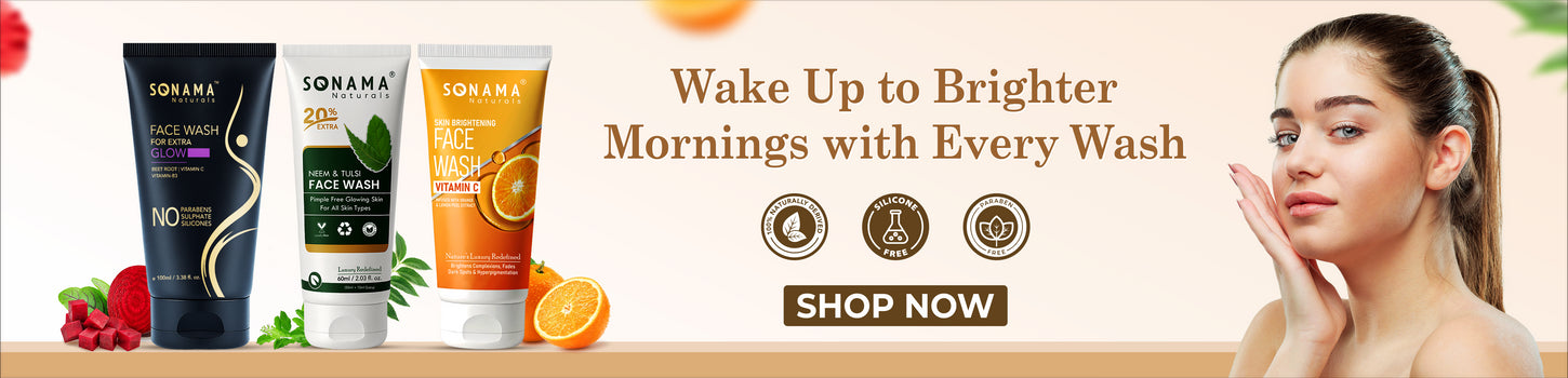 Sonama Naturals skincare products with a woman washing her face, promotional text, and 'Shop Now' button.