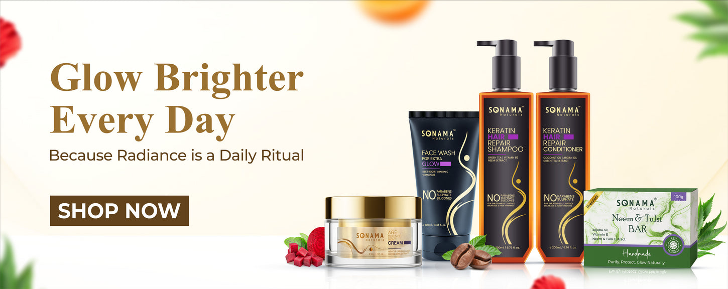 Sonama hair care products, face wash, night cream, and soap with 'Glow Brighter Every Day' text on a light background
