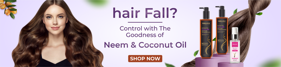 A woman with long, flowing brown hair smiles next to three labeled hair care products, with the text 'Hair Care for Strong & Healthy Hair' displayed against a blue background.