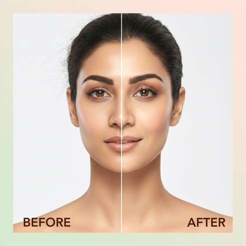 Before and after comparison of a woman's face with a neutral background