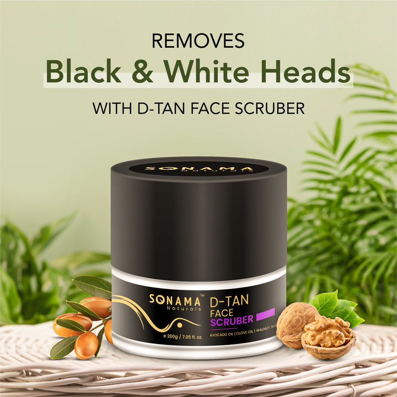 Sonama D-Tan Face Scruber with natural ingredients on a green background