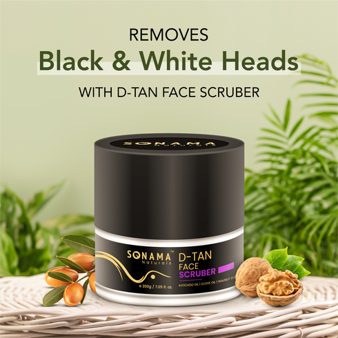 Sonama D-Tan Face Scruber with natural ingredients on a green background