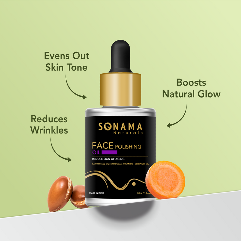 SONAMA Naturals face polishing oil bottle with carrot and argan oil on a light green background