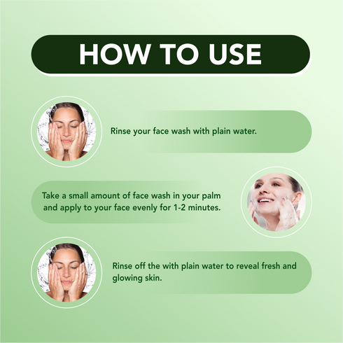 Instructions on how to use face wash with a green background