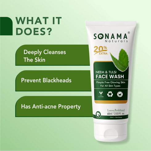 SONAMA Naturals Neem & Tulsi Face Wash tube with product benefits on a green background