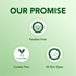 Promotional graphic with 'Our Promise' text and icons for paraben-free, cruelty-free, and all skin types on a green background.