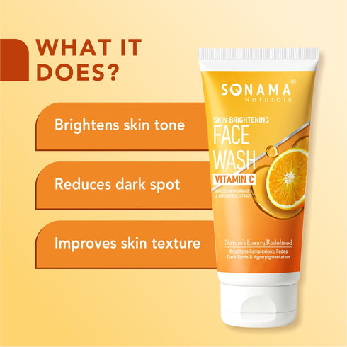 Sonama Naturals skin brightening face wash is shown with promotional text on a bright yellow background, highlighting its glow-boosting benefits.