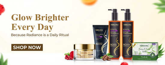 Sonama hair care products, face wash, night cream, and soap with 'Glow Brighter Every Day' text on a light background